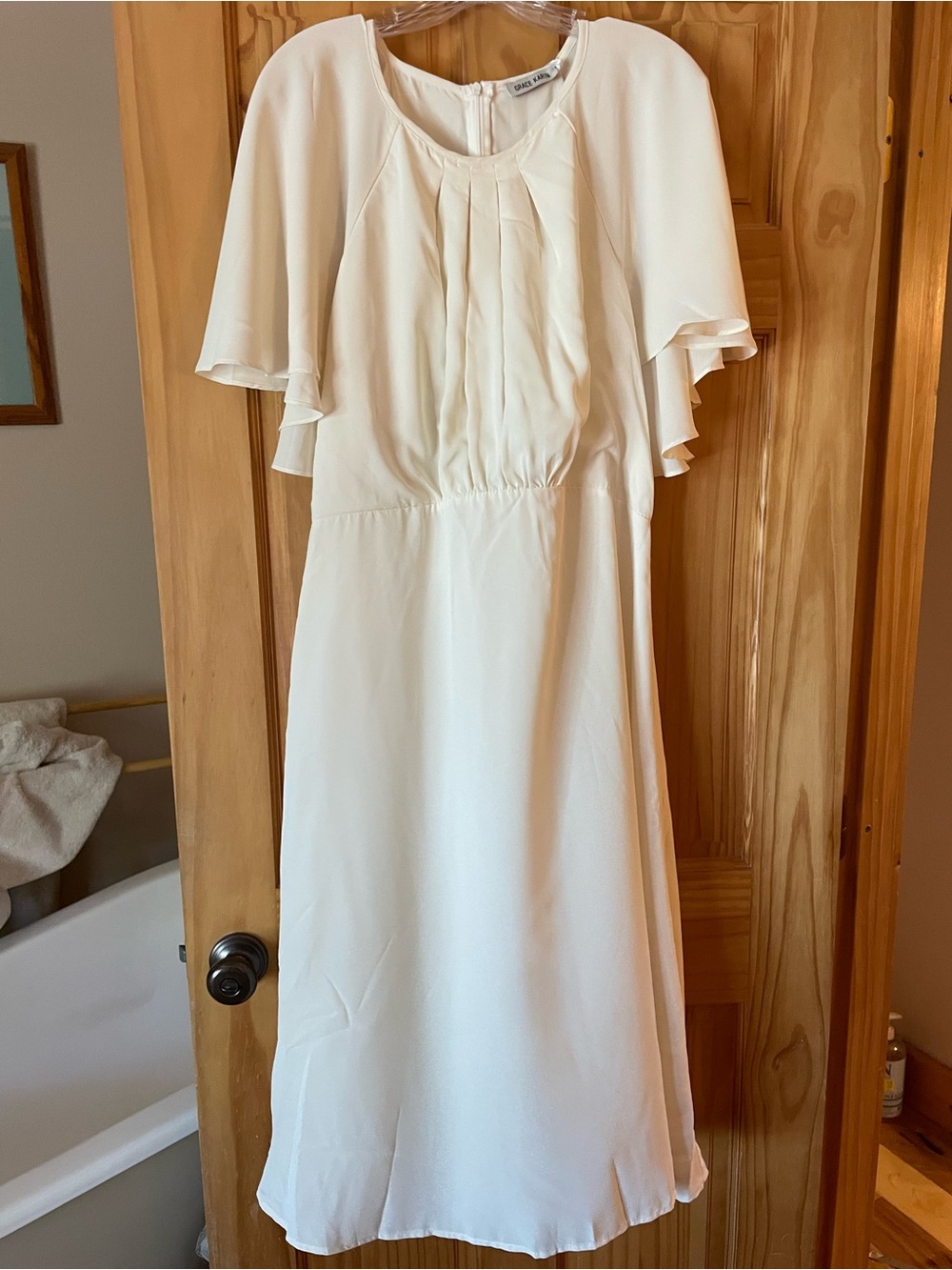 Grace Karin Cream Midi Chiffon Dress with Flutter Sleeves with Call Out